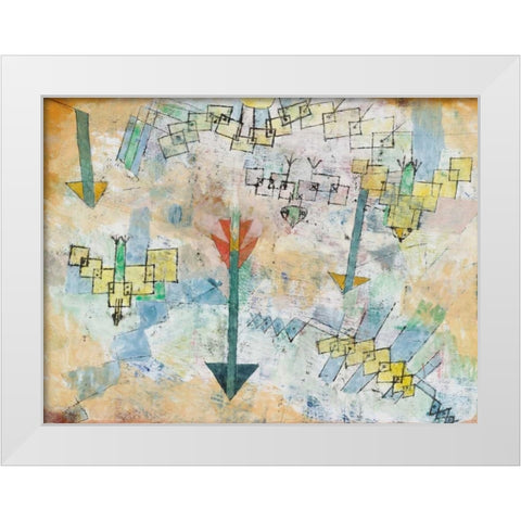Birds Swooping Down and Arrows  White Modern Wood Framed Art Print by Klee, Paul