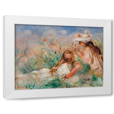 Girls in the Grass Arranging a Bouquet White Modern Wood Framed Art Print by Renoir, Pierre-Auguste