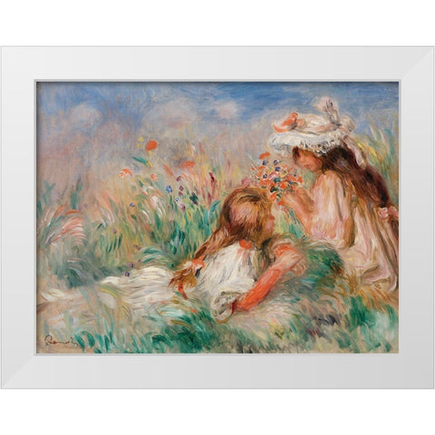 Girls in the Grass Arranging a Bouquet White Modern Wood Framed Art Print by Renoir, Pierre-Auguste
