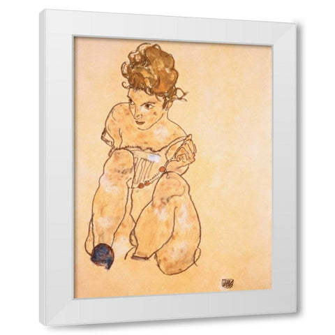 Seated Girl in Slip  White Modern Wood Framed Art Print by Schiele, Egon