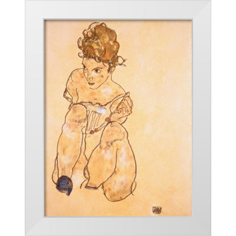 Seated Girl in Slip  White Modern Wood Framed Art Print by Schiele, Egon