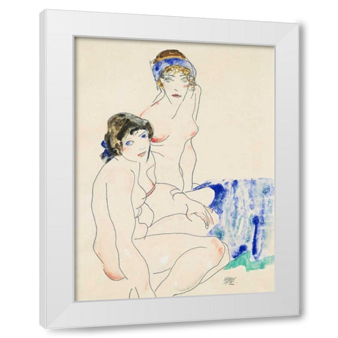 Two Female Nudes by the Water  White Modern Wood Framed Art Print by Schiele, Egon