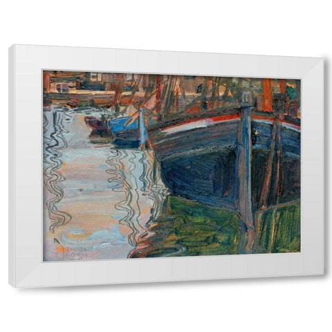 Boats mirrored in the Water White Modern Wood Framed Art Print by Schiele , Egon
