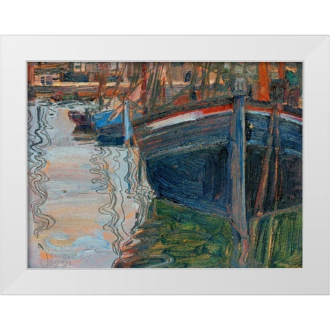 Boats mirrored in the Water White Modern Wood Framed Art Print by Schiele , Egon