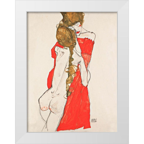 Mother and Daughter White Modern Wood Framed Art Print by Schiele, Egon