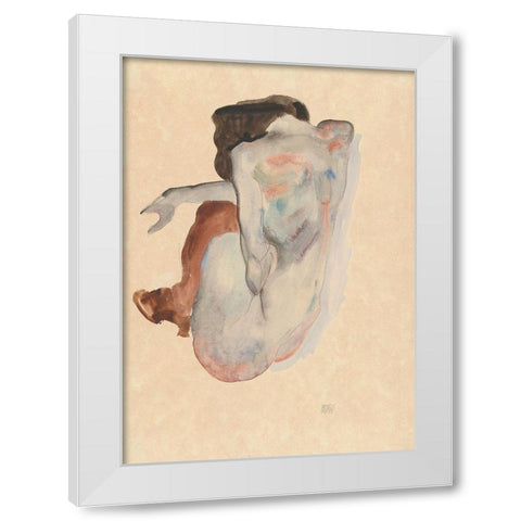 Crouching Nude in Shoes and Black Stockings-Back View White Modern Wood Framed Art Print by Schiele, Egon