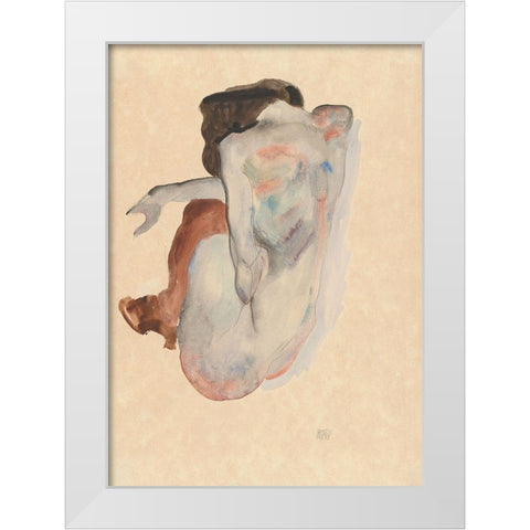 Crouching Nude in Shoes and Black Stockings-Back View White Modern Wood Framed Art Print by Schiele, Egon