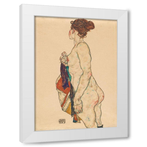 Standing Nude with a Patterned Robe White Modern Wood Framed Art Print by Schiele, Egon