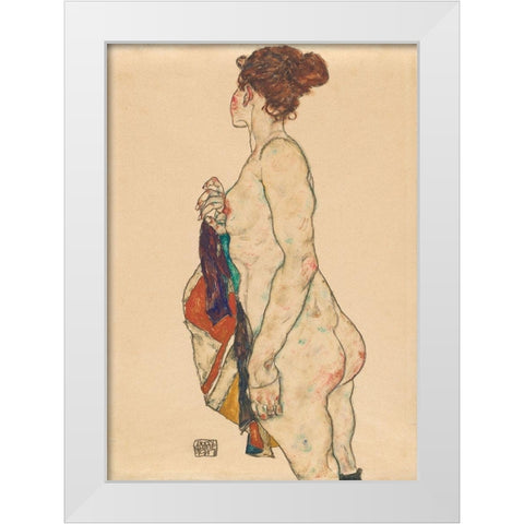 Standing Nude with a Patterned Robe White Modern Wood Framed Art Print by Schiele, Egon
