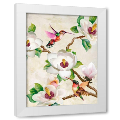 Magnolia and Humming Birds White Modern Wood Framed Art Print by Wang, Terry