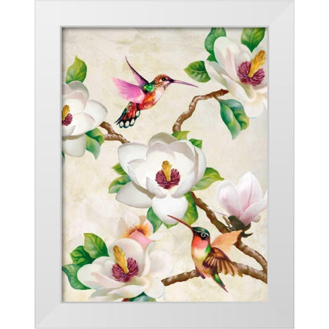 Magnolia and Humming Birds White Modern Wood Framed Art Print by Wang, Terry