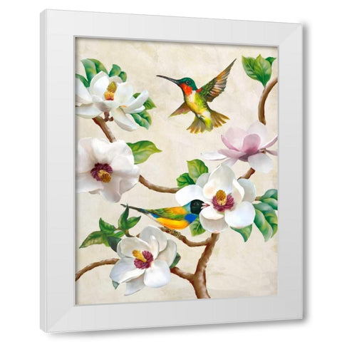 Magnolia and Birds White Modern Wood Framed Art Print by Wang, Terry