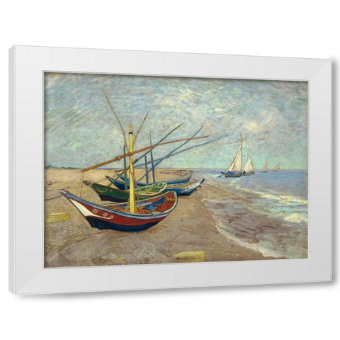 Fishing Boats on the Beach at Les Saintes-Maries-de-la-Mer White Modern Wood Framed Art Print by Van Gogh, Vincent