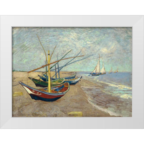 Fishing Boats on the Beach at Les Saintes-Maries-de-la-Mer White Modern Wood Framed Art Print by Van Gogh, Vincent