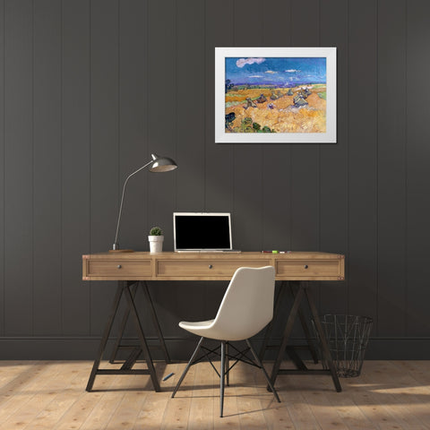 Wheat Fields with Reaper Auvers White Modern Wood Framed Art Print by Van Gogh, Vincent
