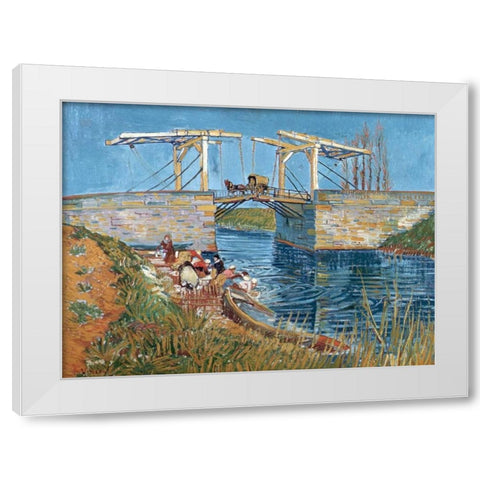 Langlois Bridge with women washing White Modern Wood Framed Art Print by van Gogh, Vincent