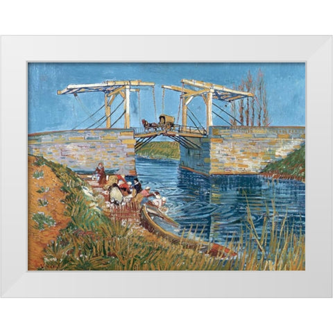 Langlois Bridge with women washing White Modern Wood Framed Art Print by van Gogh, Vincent