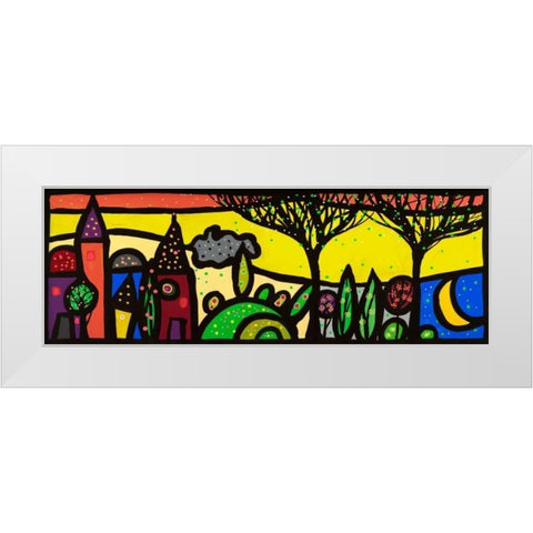 La luna canta sul piccolo borgo White Modern Wood Framed Art Print by Wallas