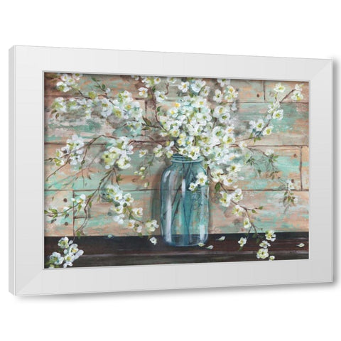 Blossoms in Mason Jar White Modern Wood Framed Art Print by Tre Sorelle Studios