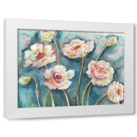 Pink Florals on Turquoise Landscape White Modern Wood Framed Art Print by Tre Sorelle Studios