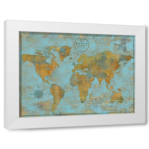 Rustic World Map Sky Blue White Modern Wood Framed Art Print by Elaine-Cusson, Marie