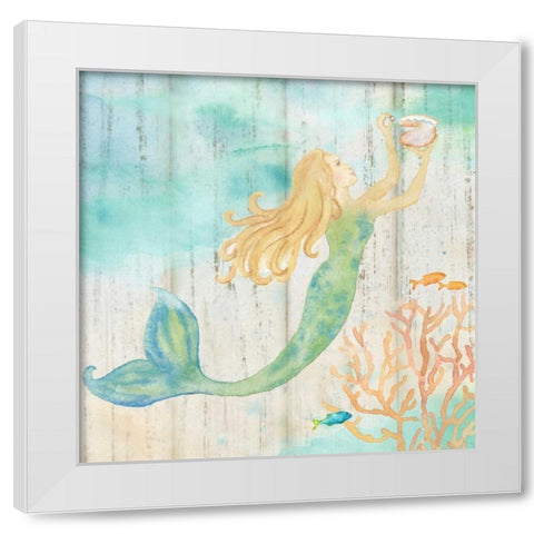 Sea Splash Mermaid Woodgrain I White Modern Wood Framed Art Print by Coulter, Cynthia