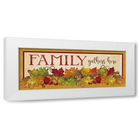 Fall Harvest Family Gathers Here sign White Modern Wood Framed Art Print by Reed, Tara