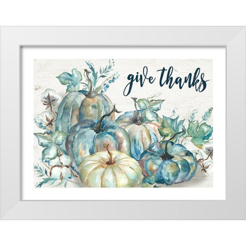 Blue Watercolor Harvest Pumpkin Landscape Give Thanks White Modern Wood Framed Art Print by Tre Sorelle Studios