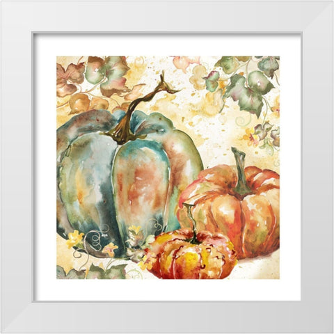 Watercolor Harvest Teal and Orange Pumpkins I White Modern Wood Framed Art Print by Tre Sorelle Studios