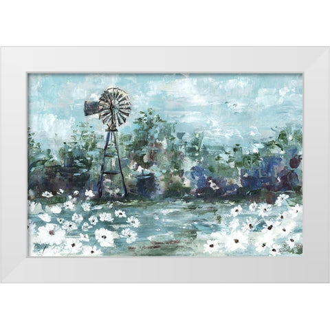 Windmill and Daisies Landscape White Modern Wood Framed Art Print by Tre Sorelle Studios