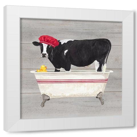 Bath time for Cows Tub White Modern Wood Framed Art Print by Reed, Tara