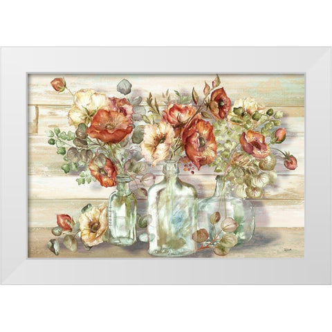 Spice Poppies and Eucalyptus in bottles Landscape White Modern Wood Framed Art Print by Tre Sorelle Studios