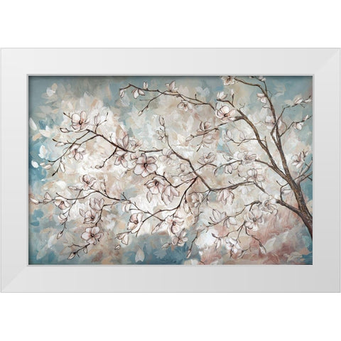 Magnolia branches on blue White Modern Wood Framed Art Print by Tre Sorelle Studios
