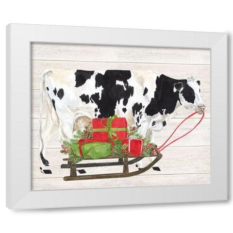 Christmas on the Farm I-Cow with Sled White Modern Wood Framed Art Print by Reed, Tara