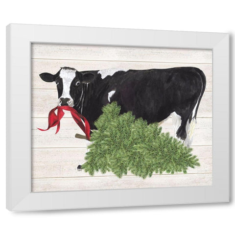 Christmas on the Farm II-Cow with Tree White Modern Wood Framed Art Print by Reed, Tara