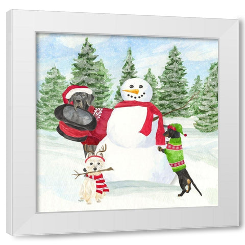 Dog Days of Christmas I-Building Snowman White Modern Wood Framed Art Print by Reed, Tara