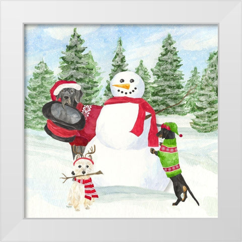 Dog Days of Christmas I-Building Snowman White Modern Wood Framed Art Print by Reed, Tara