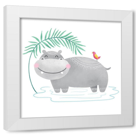 Playful Pals- Hippo White Modern Wood Framed Art Print by Noonday Designs