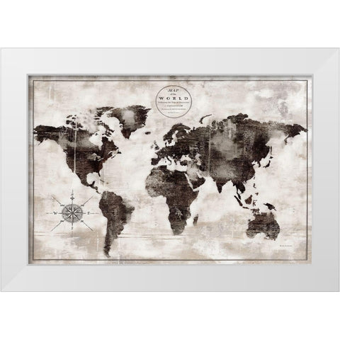 Rustic World Map Black and White White Modern Wood Framed Art Print by Cusson, Marie Elaine