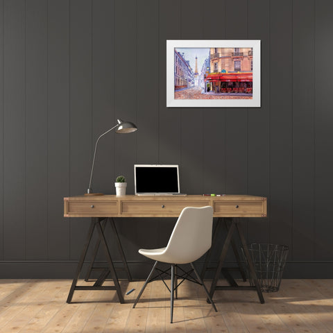 Paris Cafe w/Eiffel White Modern Wood Framed Art Print by Bannarot