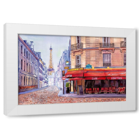 Paris Cafe w/Eiffel White Modern Wood Framed Art Print by Bannarot