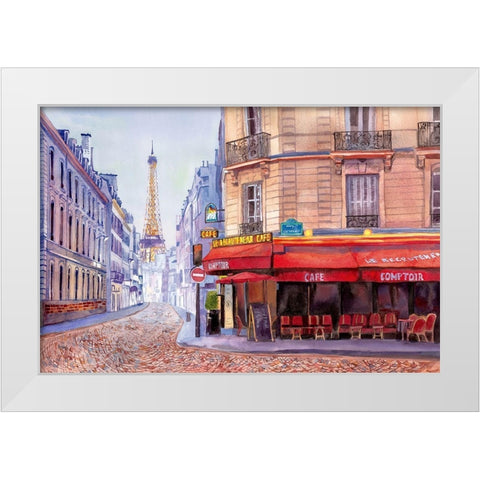 Paris Cafe w/Eiffel White Modern Wood Framed Art Print by Bannarot