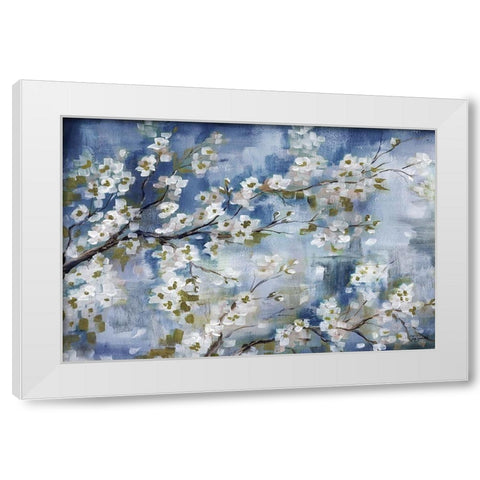 Cherry Blossoms Branch Blue and White landscape White Modern Wood Framed Art Print by Tre Sorelle Studios