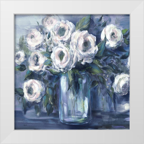 Indigo and White Blooms in Mason Jar White Modern Wood Framed Art Print by Tre Sorelle Studios