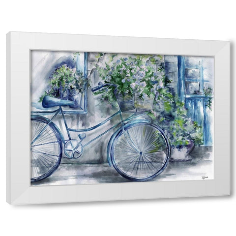 Blue and White Bicycle Florist Shop White Modern Wood Framed Art Print by Tre Sorelle Studios