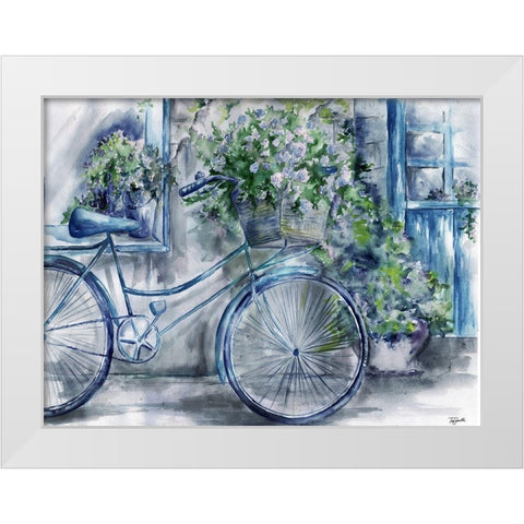 Blue and White Bicycle Florist Shop White Modern Wood Framed Art Print by Tre Sorelle Studios