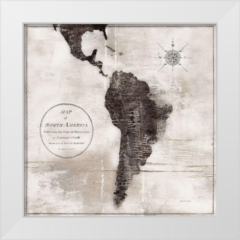 World Map Black and White VI-South America White Modern Wood Framed Art Print by Cusson, Marie-Elaine