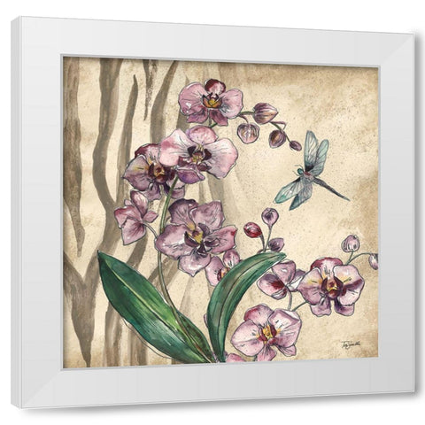 Boho Orchid and Dragonfly I White Modern Wood Framed Art Print by Tre Sorelle Studios
