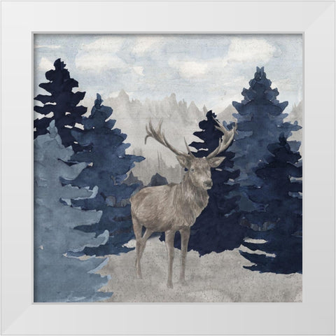 Blue Cliff Mountains scene II-Deer White Modern Wood Framed Art Print by Reed, Tara