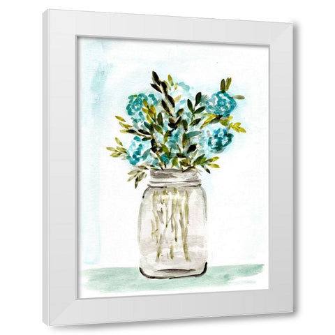 Blue Floral Mason Jar White Modern Wood Framed Art Print by Chapman, Marcy